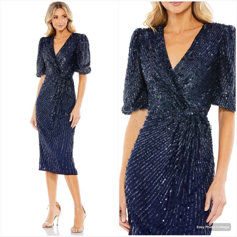 Mac Duggal 5578 Sequined V Neck Short Puff Sleeve Midi Dress Blue Size 14